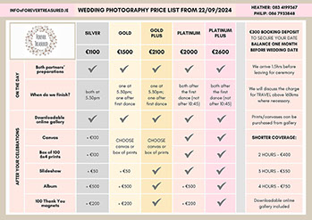Forever Treasured 2024 wedding photography pricelist.